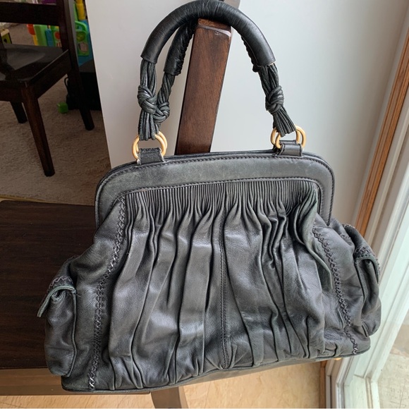 Isabella Fiore Black Leather Purse Puff Celine Large Handbag Pockets Whip Stich - Picture 6 of 14